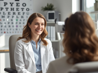 Happy eye doctor with patient