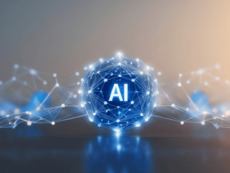 The words AI inside of a blue particle