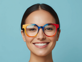 Smiling woman with colorful frames on