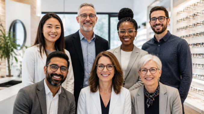 Group of smiling optometrists